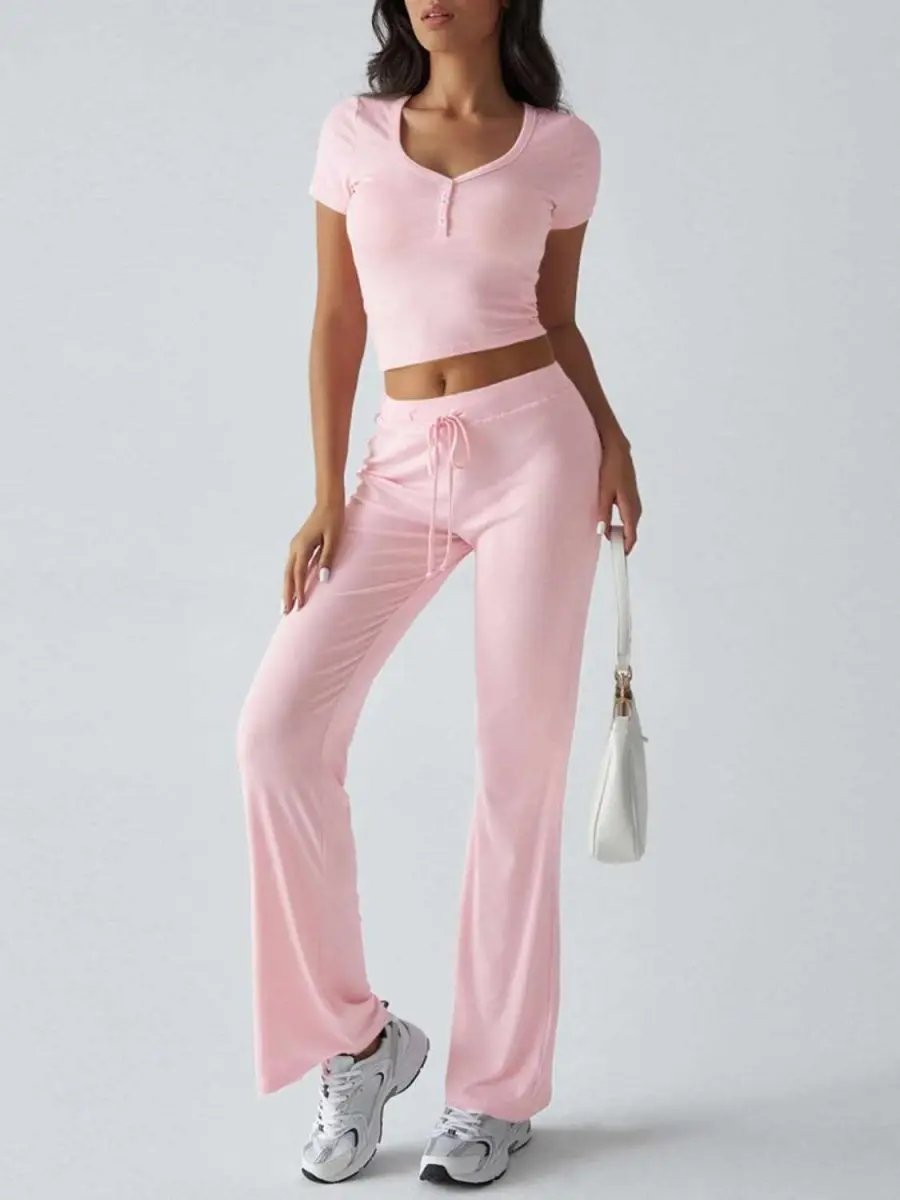 Chic Two-Piece Short Sleeve Top and Drawstring Pants Set - Love Salve